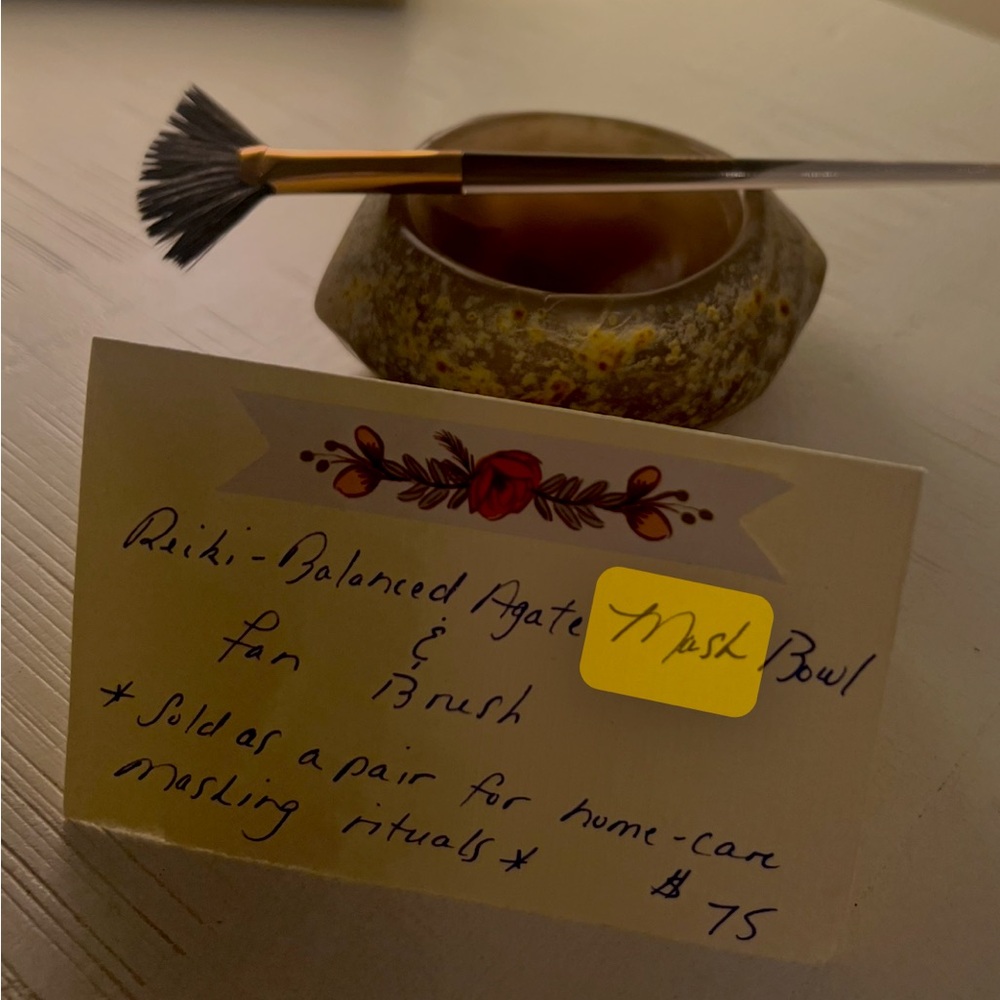 Reiki-Balanced Agate Mask Bowl & Osmosis Feathered, Charcoal Fan brush.